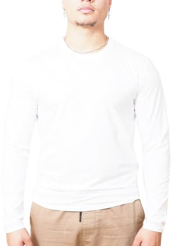 Mens Long Sleeve T-Shirt 100% Cotton Crew or Henley Neck Premium Top White