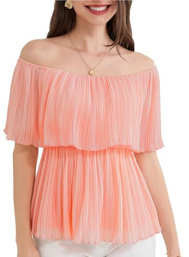 GRACE KARIN Damen Rüschenausschnitt Eine Schulter Top Elastische Taille Lässiges Oberteil Rosa XL