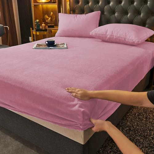 Gezu Drap Housse 160x200+30cm Rose Drap de Lit en Flanelle de Laine et Velours Corail Housse de Matelas Chaleur Hivernale Hypoallergénique sans Repassage Ourlet Élastique Solide La Peut atteindre30cm