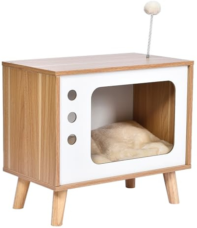 Dehner Lieblinge Katzenhöhle Buya, Katzenhaus Indoor/stilvoll, Hütte für Katzen inkl. Kuschelkissen, ca. 48 x 43 x 28 cm, Holz/Plüsch, weiß/braun