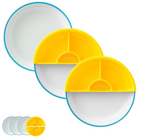 Omie® Assiettes faciles pour enfants | Design unique qui aide les aliments à tomber dans la cuillère, pas sur la table | Fabriquées à partir de plantes | 3 assiettes + 2 séparateurs en silicone | Bleu