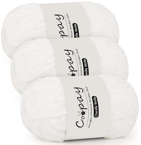Coopay Chenille Wolle zum Häkeln, 3x100g Samtig Chenillegarn, Dicke Flauschige Weich Chenille Garn, Chenille Wolle, Weicher Plüschwolle Häkelgarn für Decken, Schals - Weiß