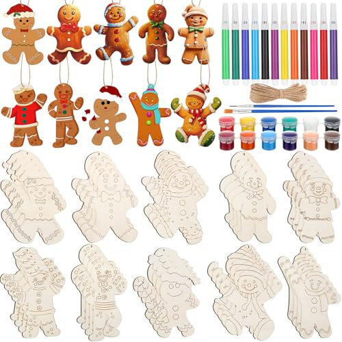 Blosssound 40 Pcs Gingerbread Men Craft Gingerbread Men Wood Ornament to Paint 10 Styles DIY Blank Cutouts with Paint and Brush Ornaments for Home Crafts Hanging Party Decoration