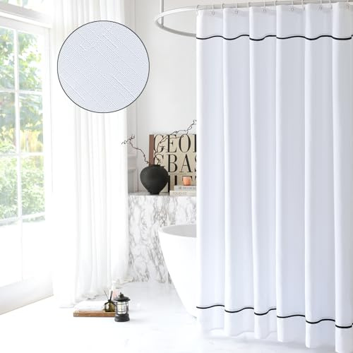 youngseahome Tenda da doccia bianca con bordo nero, tende da doccia in tessuto di lino sintetico per bagno e hotel, 183 x 198 cm