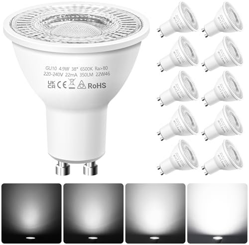 Nottac GU10 LED Spotlight Bulbs, Dimmable Cool White 6500K 4.9W Energy Saving Light Bulbs, (Equivalent to 50W) Halogen Spotlight Bulbs, 220-240V 355LM, 38° Beam LED Bulbs for Ceiling, Pack of 10