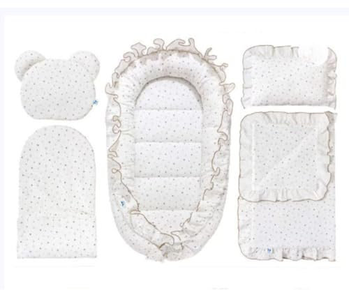 PEPI - 5 teilig Babynestchen Set - Babynest mit Rüschen - Babydecke - Matratze - Kopfkissen - Kissen - 100% Baumwolle uns Samt - Baby Erstausstattung Neugeborene - (Gold Galaxy)