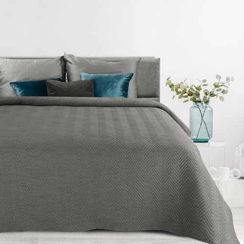 Eurofirany Stillvolle Decke in eleganter Karomuster-Steppung, Lein-Optik, perfekte Sofa- und Tagesdecke (Graphit, 200x220 cm)