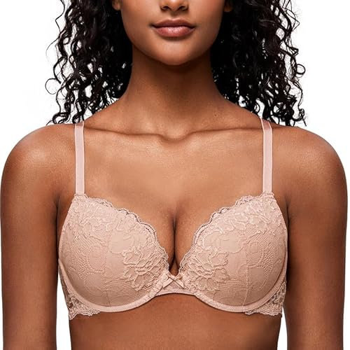 Deyllo Damen Push Up BH mit Blumen Spitze Schalen Bügel BH Gepolstert Elegant Rouge 90B
