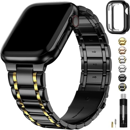 Fullmosa Compatible with Apple Watch Straps 46mm Stainless Steel Replacement iWatch Bands with TPU Protective Case for Series 10, Black with Gold