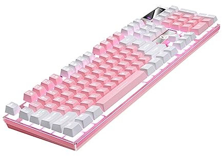 Angoily Clavier De Jeu Filaire 104 Touches RéTroéClairé Rvb, Clavier Gamer USB, MatéRiel De Jeu en Abs, Accessoire Informatique pour Gaming, Rose Et Blanc