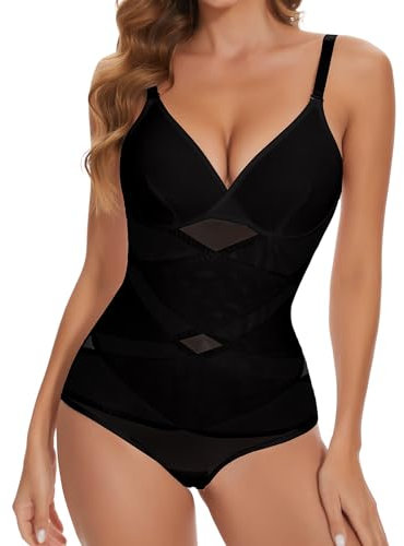 Joyshaper Shapewear Body gainant pour femme avec col en V et soutien-gorge, Noir/col en V, XL