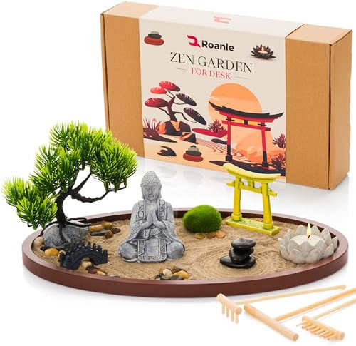 Roanle Jardín zen para escritorio de 13 x 8 pulgadas, decoración japonesa con Buda, árbol bonsái, herramientas y accesorios, mini kit de jardín zen para escritorio de oficina, hogar, sala de