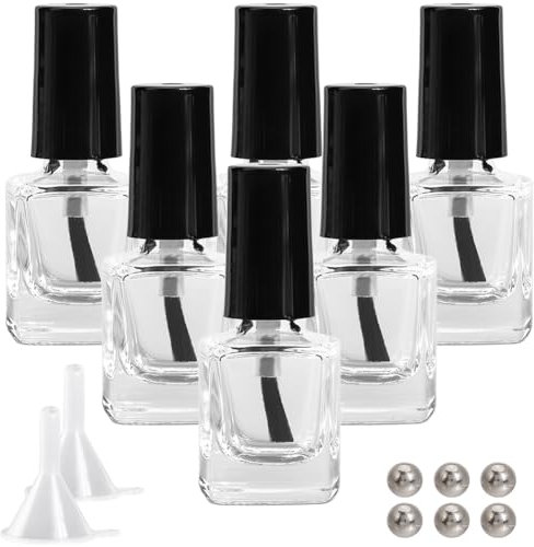 GORGECRAFT 6 Flacon de Vernis à Ongles Transparent 5ml avec Bouchon à Brosse Noir Flacons de Vernis à Ongles Vides en Verre Carré Rechargeables avec 6 Boules D'Agitation de Mélange et 2 entonnoirs
