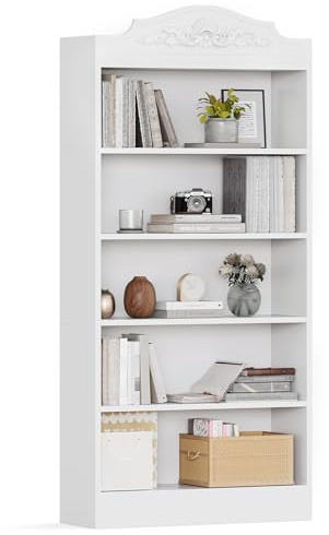 LITTLE TREE 5-stöckiges Bücherregal mit Stauraum, 185 cm (73 Zoll) weißes Bücherregal, modernes offenes Regal, Bücherregal für Wohnzimmer, Schlafzimmer, Homeoffice