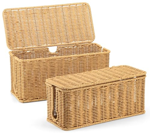 ZhiYo Kabelbox-Set 2er-Pack (M+L), Handgewebtes Rattanimitat in Braun, Kabelorganizer & Versteckerbox für Schreibtisch, M: 35x16,5x16 cm & L: 32x13,5x14 cm,Kabel-Management-Box
