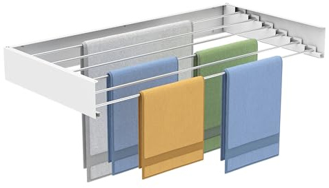 Aluminum Wall-Mounted Foldable Clothes Drying Rack | Retractable Indoor/Outdoor Laundry Airer with White Space-Saver Washing Line & 33lbs Heavy-Duty Capacity (White, 100)