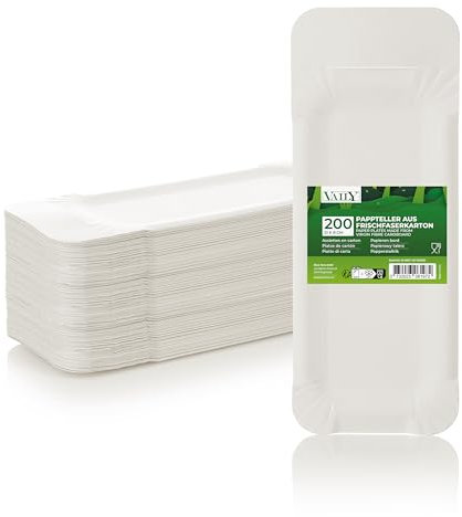 Vaily Platos de papel con mango 8 x 21 cm, rectangulares, paquete de 200 unidades para salchichas, platos desechables, platos desechables, cartón para barbacoas, cumpleaños y fiestas, color blanco