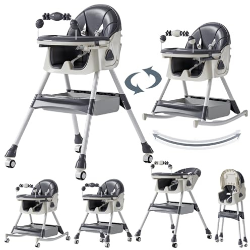 Prokoke PU Leder Baby Hochstuhl mit Rocking Modus, Faltbaren Multifunktionalen Babyhochstuhl mit Verstellbaren Rückenläufen und Höhen, Tragbarer Hochstuhl mit Rädern und Doppelschalen (560 Grey)