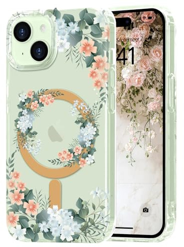 Ethanger Floral Magnetic Case for iPhone 15 Plus/14 Plus, Orange | Compatible with Magsafe, Aesthetic Artistic Retro Flower Cover, for Women Girls, Shockproof Protective Phone Case