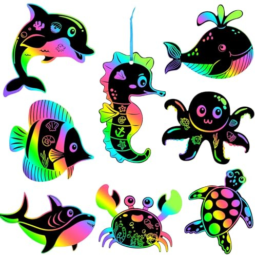 48 Stück Meerestiere Kratzbilder Regenbogen Kratzpapier Bastelset mit Holzstäbchen Schnüren DIY Scratch Art Set für, Mitgebsel, Unterwasserwelt Party Deko, Kreatives Basteln