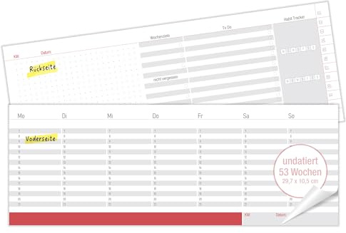 TOBJA Roter Tischkalender Wochenplaner undatiert – 53 Blatt für 1 Jahr – DIN Lang Querformat – Wochen Tischkalender Block mit Habit Tracker – Wochenplaner Schreibtisch für Schule, Büro & Business