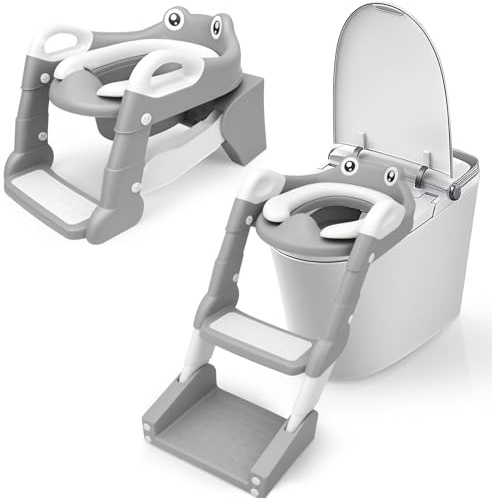Riduttore wc bambini, 2 In 1 Vasino Bambini con Scaletta, Maniglia e Cuscino Morbido, Sedile Rialzato Vasino Pieghevole, WC Portatile con Protezione Antispruzzo per Bambini Maschi e Femmine
