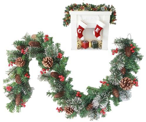 Guirnalda de Navidad iluminada, decoración de Temporada con piñas, Bayas Rojas, Guirnalda sintética para Interiores y Exteriores, Ventana, Puerta, Porche, escaleras, barandilla, Mesa, Fiesta