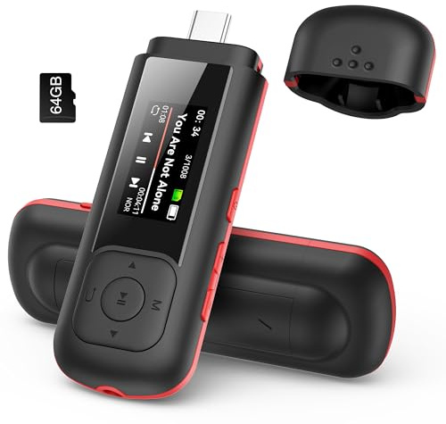 AGPTEK 64GB Portable USB MP3 Player, A55 2 in 1 Type-C & USB Music Player | USB Flash Drive for Car with FM Radio, Recording, Supports up to 128GB, Black