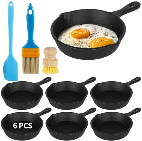 Skdqiee 6 Pcs Cast Iron Frying Pans Set, Includes Spatula, Oil Brush,Scrub Brush, 4 Cast Iron Skillets, Mini Nonstick Frying Pans