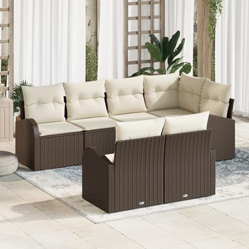 IBUQDDV Set di 7 divani da giardino con cuscino marrone e crema in polyrattan, mobili modulari per esterni per balcone, terrazza e piscina, set lounge resistente alle intemperie