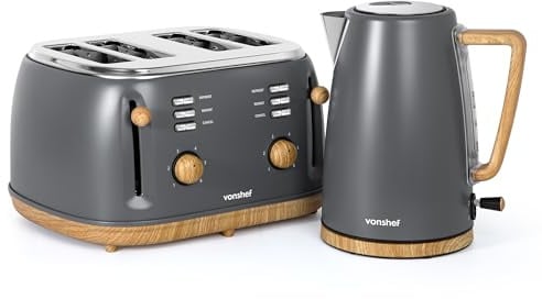 VonShef Kettle and Toaster Set – Scandi 1.7L Rapid Boil Kettle 3000W & 4 Slice Wide Slot Toaster 1500W with 6 Browning Controls & High Lift – Nordic Grey and Wood Accents – Fika Range