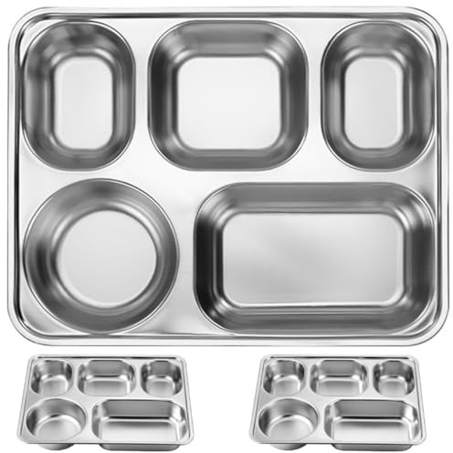 CRAFTHROU 3 Assiettes Divisées en Acier Inoxydable, Plateau Inox Garçon et Filles, Plateau Métallique Réutilisable, Facile à Nettoyer, pour Camping et Restaurants