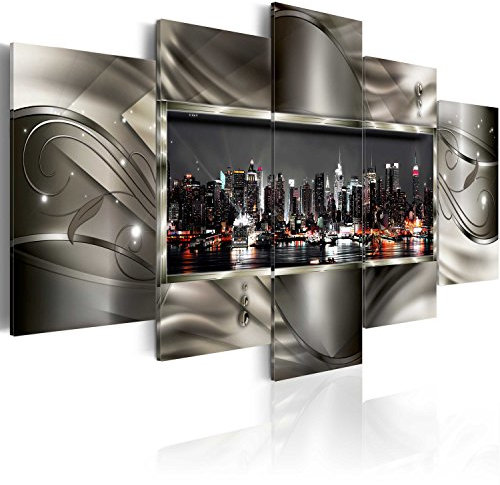 B&D XXL - Wandbilder XXL 225x112cm 5 tlg - Wand Deko Leinwand Bilder Groß Wanddeko Wohnzimmer Schlafzimmer Kunstdrucke - City Stadt New York c-A-0069-b-n