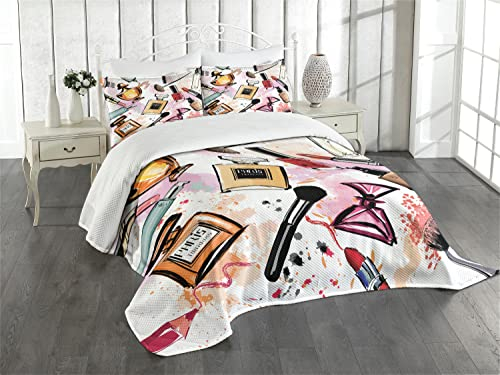 ABAKUHAUS Mädchen Tagesdecke Set, Kosmetik Make Up Theme, Set mit Kissenbezug Sommerdecke, für Einzelbetten 170 x 220 cm, Beige Rosa