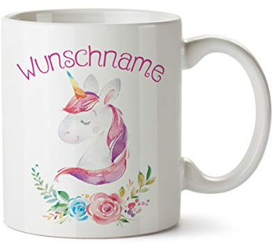 Partycards Keramik personalisierte Geschenke mit Einhorn Motiv, 330 ml Blau Perfekt als Einhorn Geschenke für Mädchen Geschenk für Frauen Tasse personalisiert