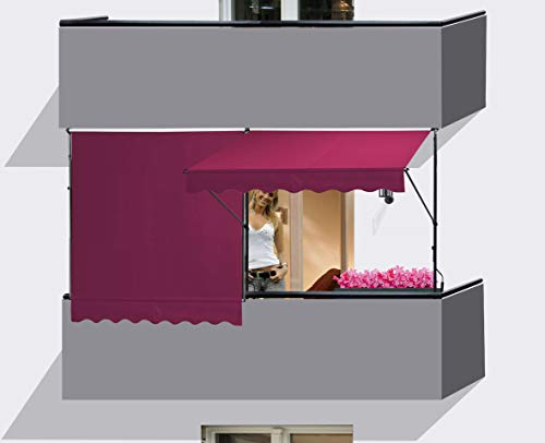 QUICK STAR 2 Stück Klemmmarkise 250x130cm Bordeaux Balkonmarkise Sonnenschutz Terrassenüberdachung Höhenverstellbar von 200-290cm Markise Balkon ohne Bohren