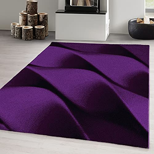 Carpetsale24 Teppich Wohnzimmer Moderne Abstrakt Wellen Design Lila - Schwarz 200 x 290 cm - Kurzflor Teppich Schlafzimmer Pflegeleicht und Extra Weich - Flauschiger Teppich Waschbar Esszimmer Küche