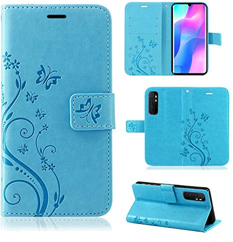 betterfon Hülle Kompatibel mit Xiaomi Mi Note 10 Lite | Premium PU Leder Handyhülle Wallet Case für Mi Note 10 Lite | Schutzhülle Blumen Klapphülle Handyhülle | Blau