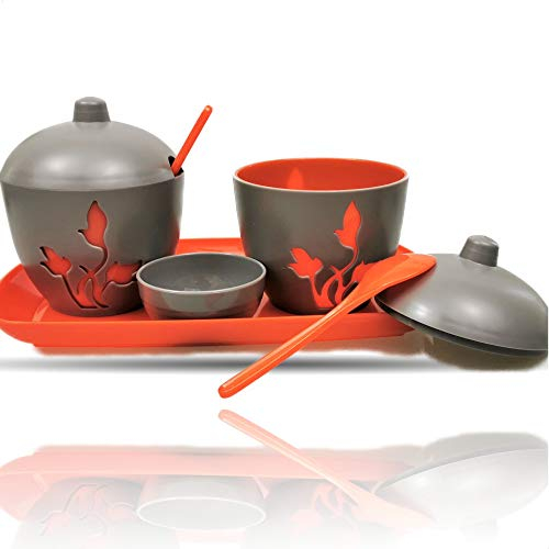 Berossi TISCHMENAGE Tisch Menage 4 teilig | Zuckerdose Marmelade Gelee Senf Behälter nachfüllbar | Tablett Ständer Tischkultur Zucker Salz Dose mit Löffel | Flower Design Camping Geschirr Orange