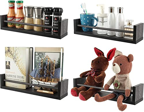 EasyPAG Pack of 4 Wood Nursery Versatile Floating Shelves,Wall Mounted Spice Rack,Book Organiser,Decoration Holder,Display Shelf for Bedroom,Living Room,Bathroom,Dark Grey