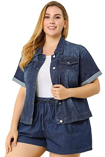 Agnes Orinda Women's Plus Size Denim Jacket Button Front Work Crop Jean Short Sleeves Jackets 2024, Navy Blue, 4X