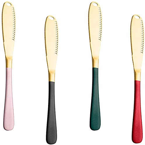 Goeielewe Edelstahl-Buttermesser-Streuer mit Löchern in der Klinge für kalte Butter, Set mit 4 multifunktionalen Wellenschliffen, 3-in-1 Lockenwickler, Marmelade, 20.3 cm – mehrfarbig
