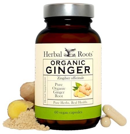 Herbal Roots Ginger Supplement | Organic Ginger Root Capsules | 1,200 mg of Pure Ginger Powder per Serving | 60 Vegan Capsules