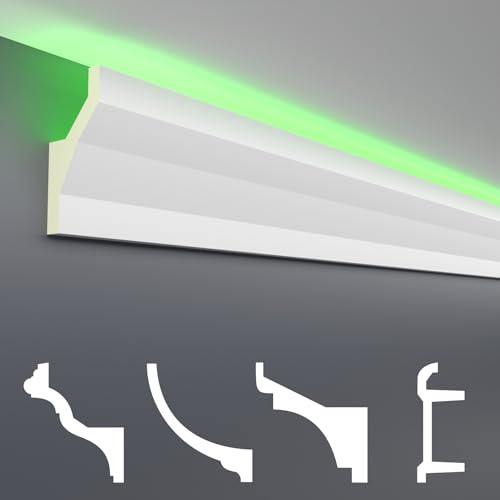 HEXIM LED Stuckleisten Muster - Indirekte Beleuchtung mit Deckenleisten aus PU, leicht & lichtundurchlässig- (20cm LED-8) Lichtvouten Fassaden Weiß