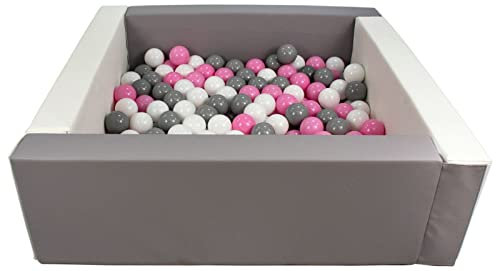 Velinda Bällebad Bällepool Bällebecken Spielbecken Kinderpool quadratisch 200 Bälle (Farbe des Pools/der Bälle: weiß, grau/weiß, rosa, grau)