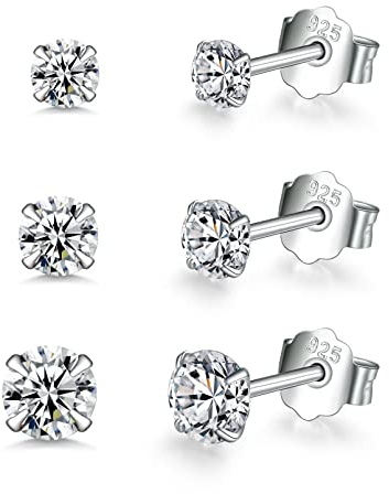 Silberne Ohrstecker für Damen | 925 Sterling Silber Ohrstecker Set | Kleine Helix Tragus Knorpel Ohrringe | 3 Paar Zirkonia Ohrstecker für Frauen Mädchen (2/3/4 mm)