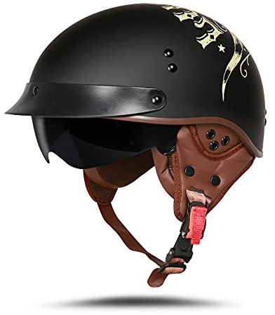 BOSERMEM Motorradhelm Mit Schutzbrille DOT/ECE-Zugelassen, Jethelm Roller-Helm Scooter-Helm Moped Mofa-Helm Chopper Vintage(Mattschwarzer Glücksstierkopf, XL 61-62cm)