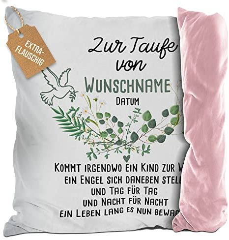 PR Print Royal Flauschiges Kissen zur Taufe mit Name & Datum - Kommt EIN Kind zur Welt - Geschenke zur Taufe, personalisierte Taufgeschenke Patenkind | inkl. Kissenfüllung, Rückseite Rosa, 40 x 40 cm
