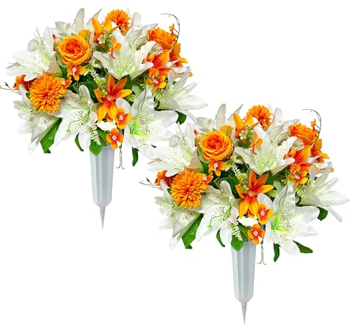 FLOWERIA 2 Blumensträuße Künstliche Friedhofsblumen für Grabstein Gedenkblume Sattel Geschenk Einfach Fit Outdoor Grab Dekoration Weiße Lilien und Rosen
