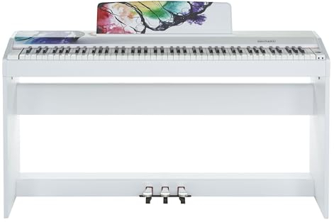 KeymaXX CP-5 Digital Piano, 88 Tasten, Hammermechanik, Butterfly Motiv, 238 Sounds, 200 Styles, USB MIDI, Aufnahmefunktion, inklusive Pedal und Netzteil, Weiß Mattiert